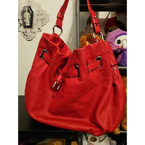 COLE HAAN Red Leather Shoulder Bag Hobo Bag Purse Handbag w/Charm - Picture 2 of 4